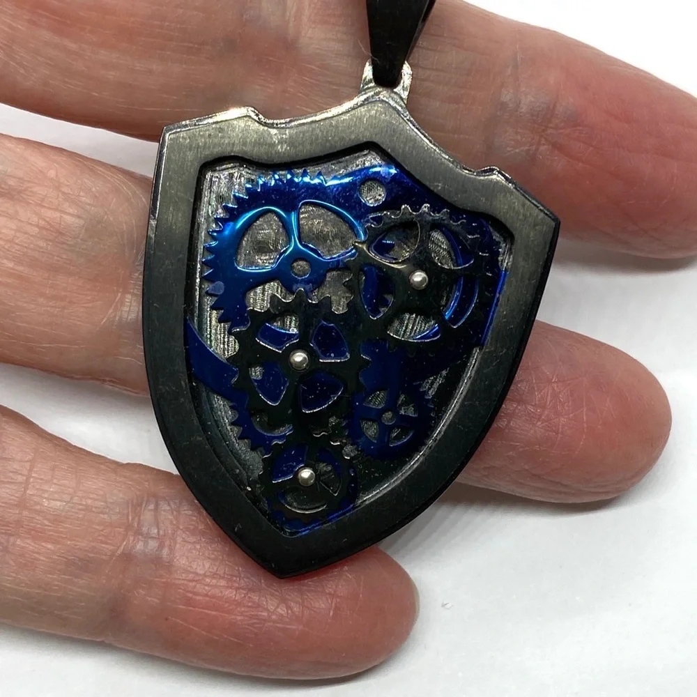 Stainless Steel Shield Gears Black & Blue Men's Necklace